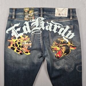 NEW Ed Hardy Stacked Boot Jeans Mens 30x36 Blue Med Blast Panther Leopard Tattoo
